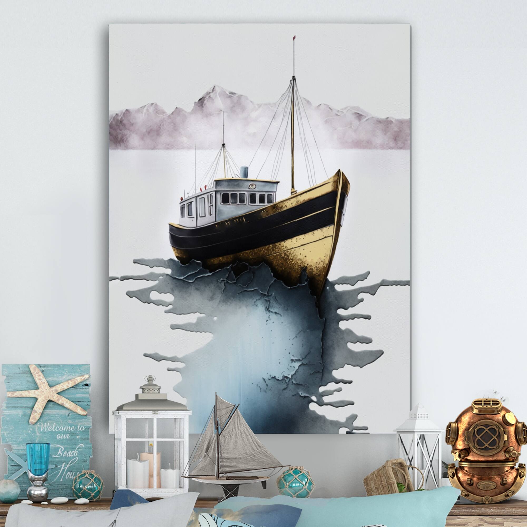 Designart "Gold Modern Fishing Boat III" Coastal Boat Metal Wall Art